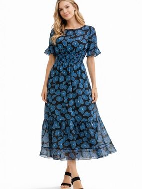 Kate Spade Boho Blue Floral Smocked Midi Dress Size S